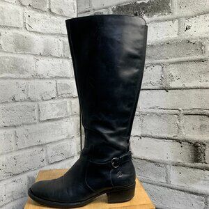 Born Knee High Riding Boots 7 Black Leather Buckle Zip Low Block Heel Equestrian